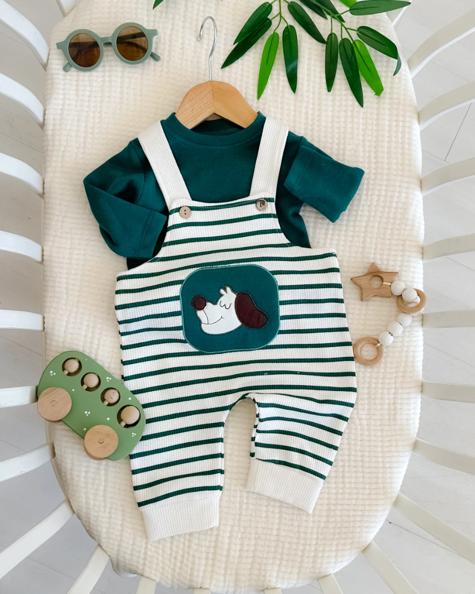 Çizgili köpekçik waffle kumaş mevsimlik 2 parça salopet set 