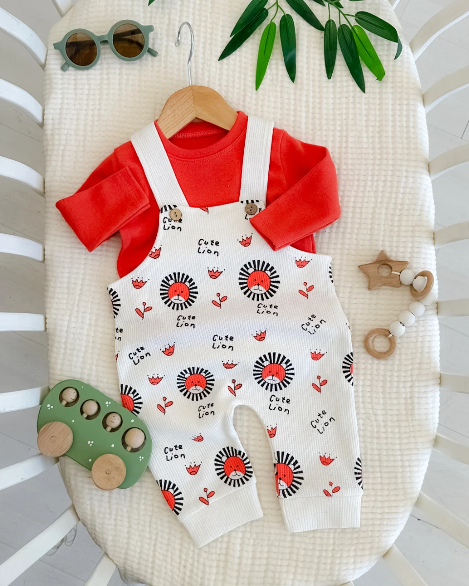 Cute lion waffle kumaş mevsimlik 2 parça salopet set 