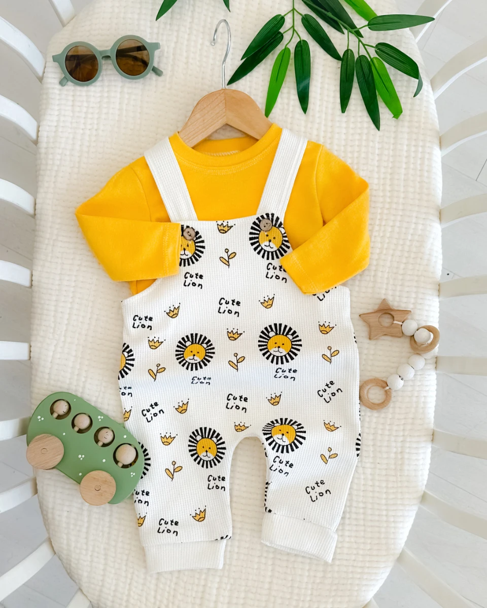 Cute lion waffle kumaş mevsimlik 2 parça salopet set 
