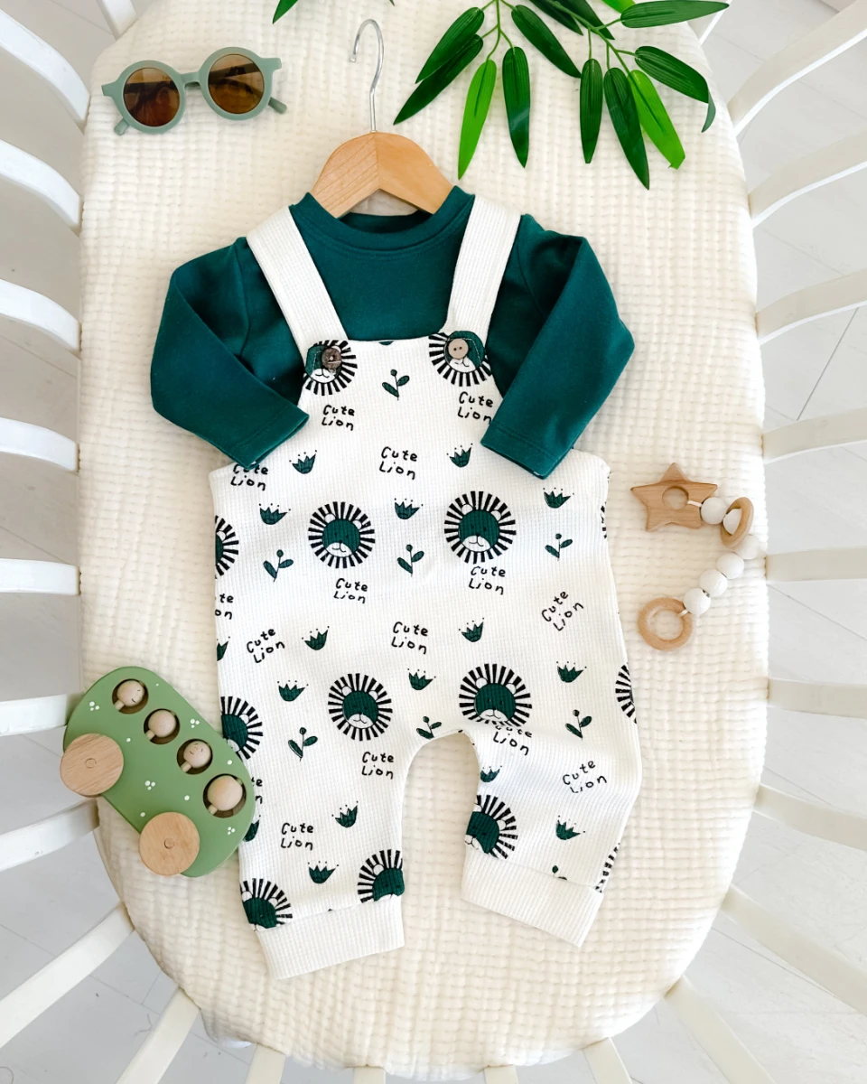 Cute lion waffle kumaş mevsimlik 2 parça salopet set 