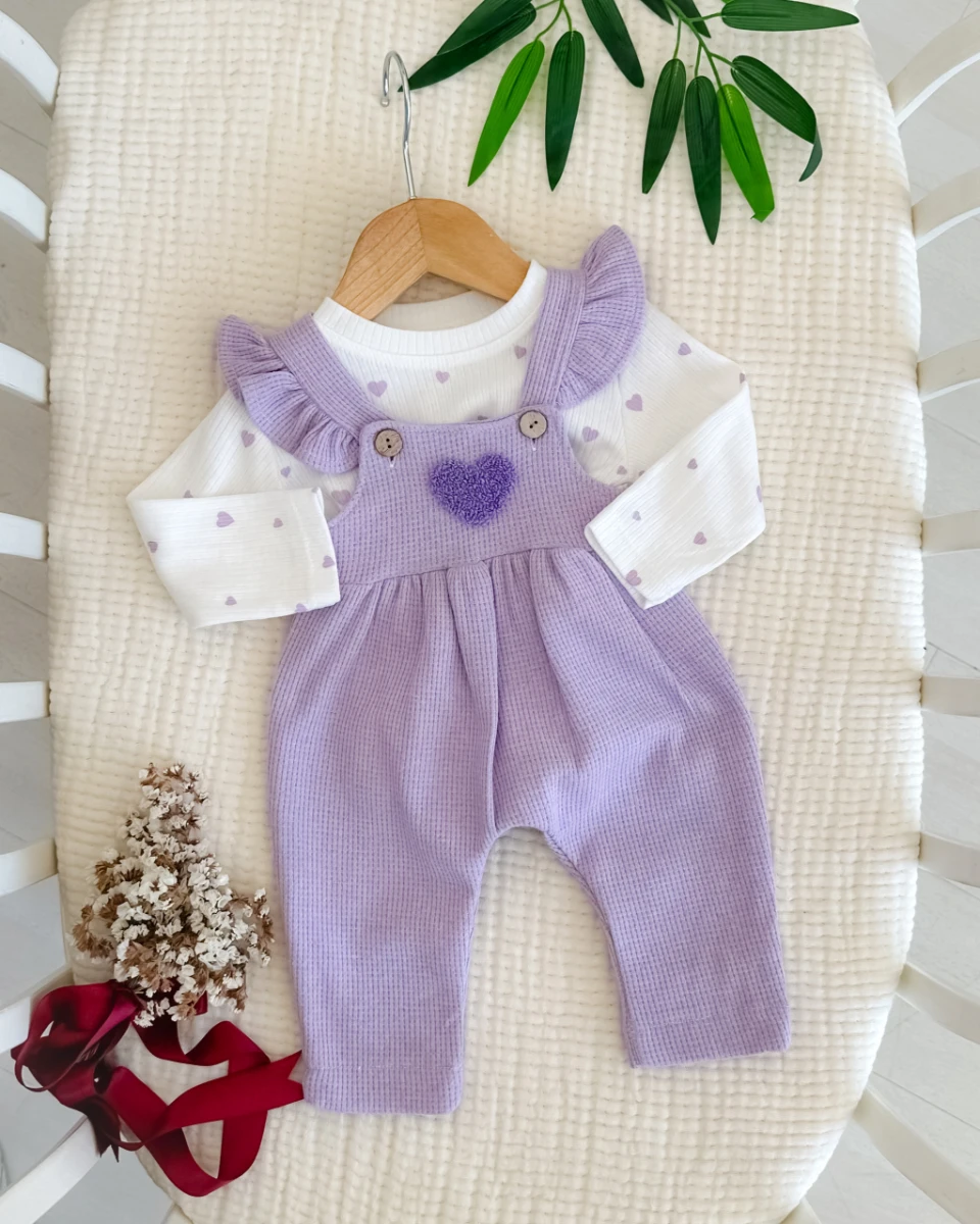 Süzene kalp işlemeli waffle kumaş mevsimlik 2 parça salopet set 