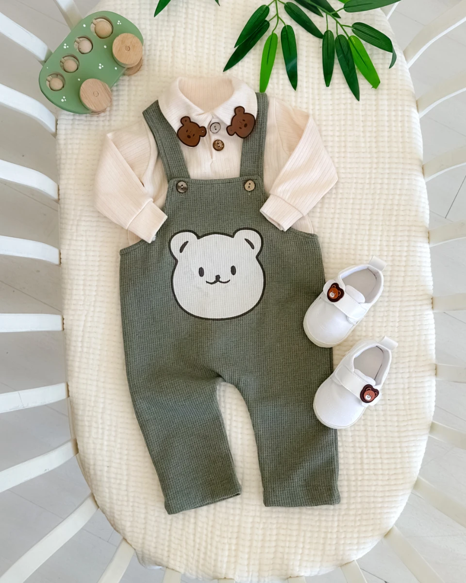 Yakada deri ayıcık detaylar mevsimlik 2 parça salopet set (Ayakkabılar fiyata dahil değildir)