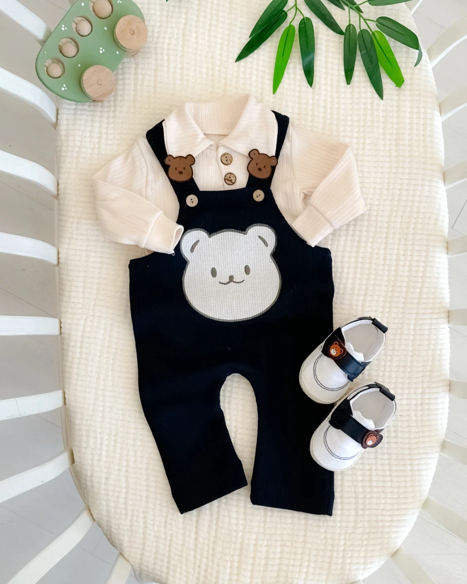 Yakada deri ayıcık detaylar mevsimlik 2 parça salopet set (Ayakkabılar fiyata dahil değildir)