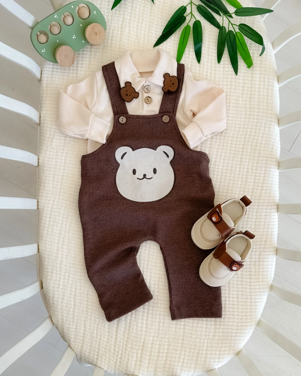 Yakada deri ayıcık detaylar mevsimlik 2 parça salopet set (Ayakkabılar fiyata dahil değildir)