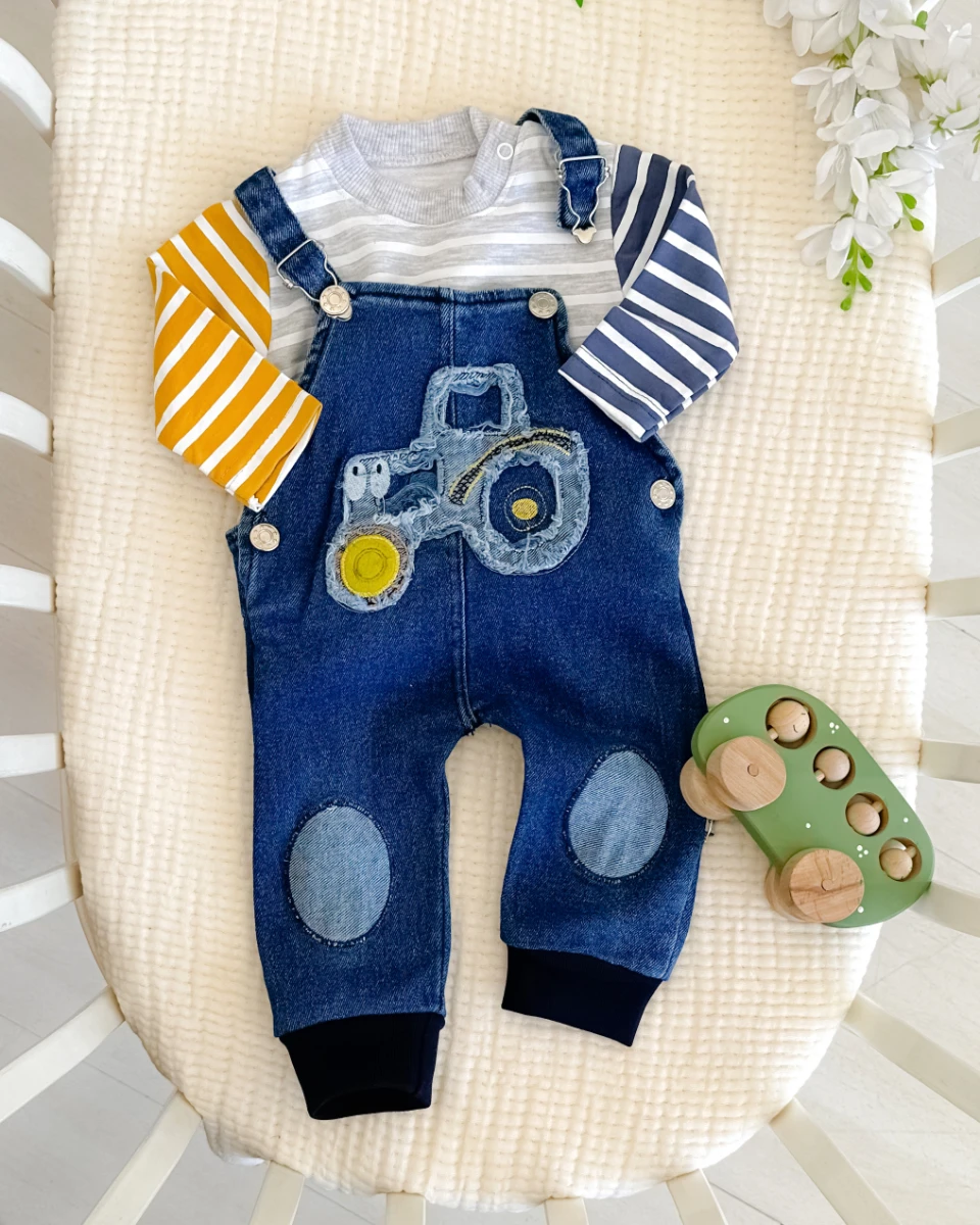 Yama traktör detay salopet renkli kol tshırt mevsimlik 2 parça set 