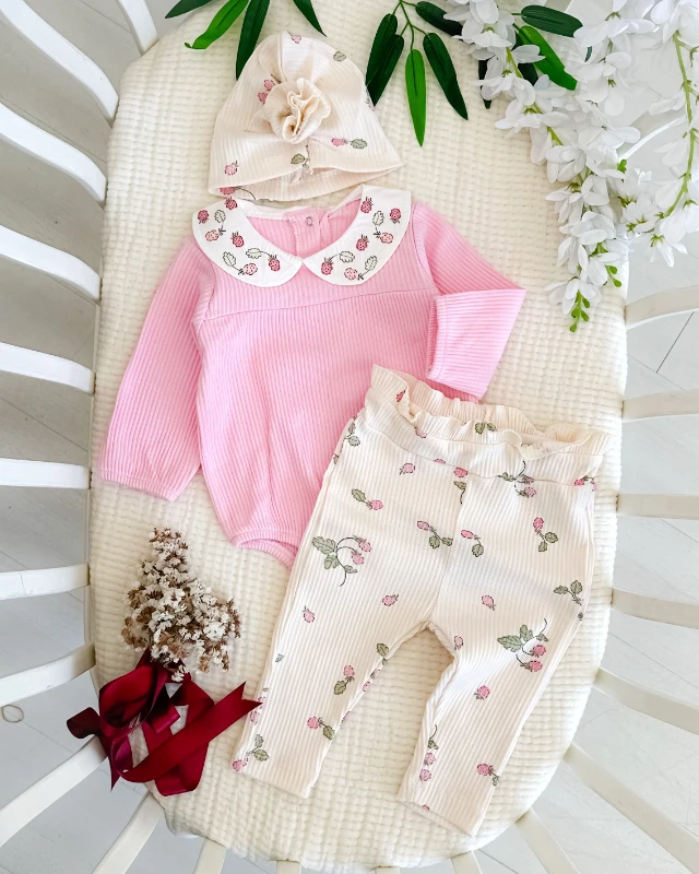 Ahududu yaka detay gül boneli mevsimlik 3 parça bebe takım 