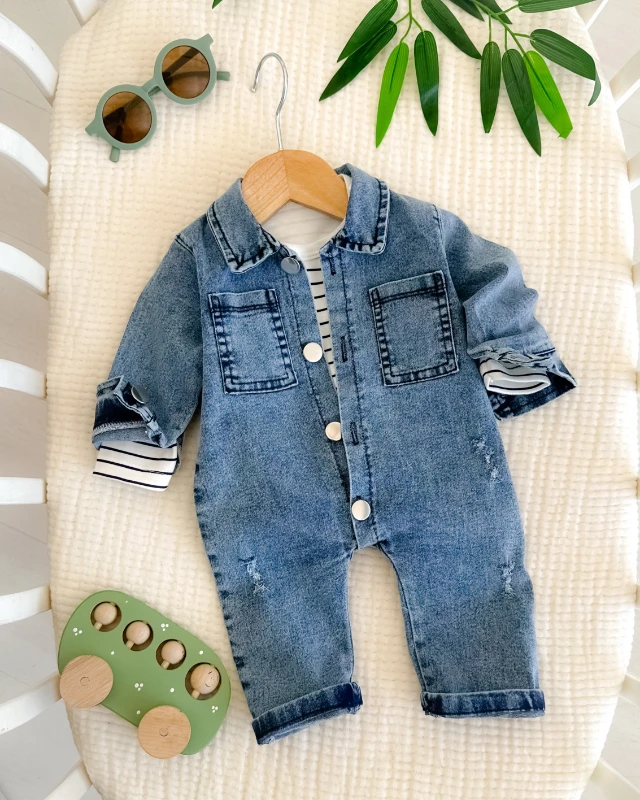 Çizgi çıtçıt badili yama detaylı bebe kot tulum 