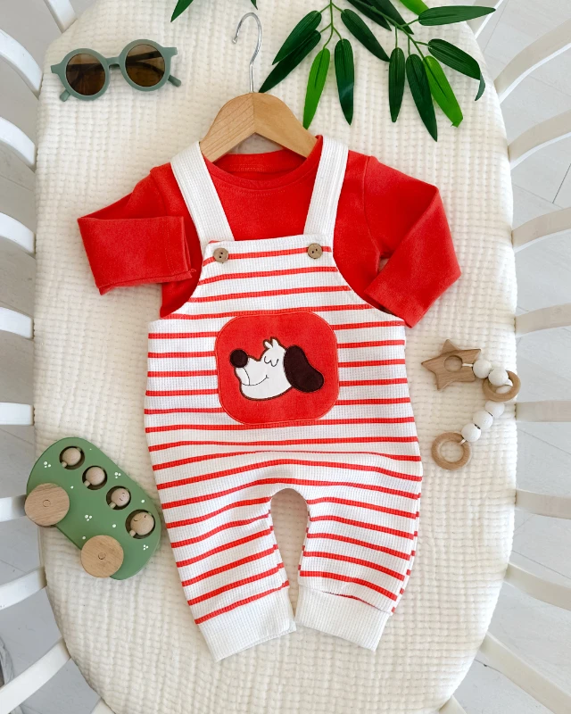 Çizgili köpekçik waffle kumaş mevsimlik 2 parça salopet set 