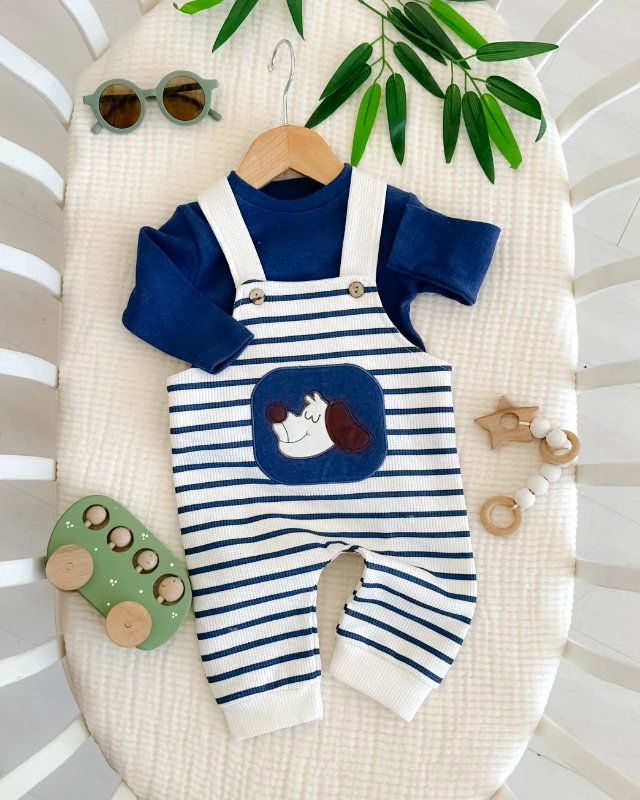 Çizgili köpekçik waffle kumaş mevsimlik 2 parça salopet set 