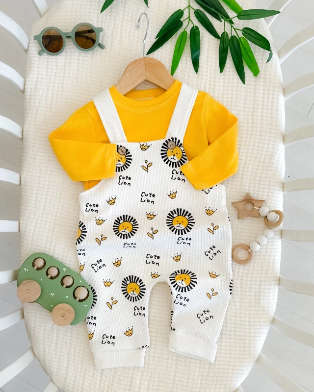 Cute lion waffle kumaş mevsimlik 2 parça salopet set 