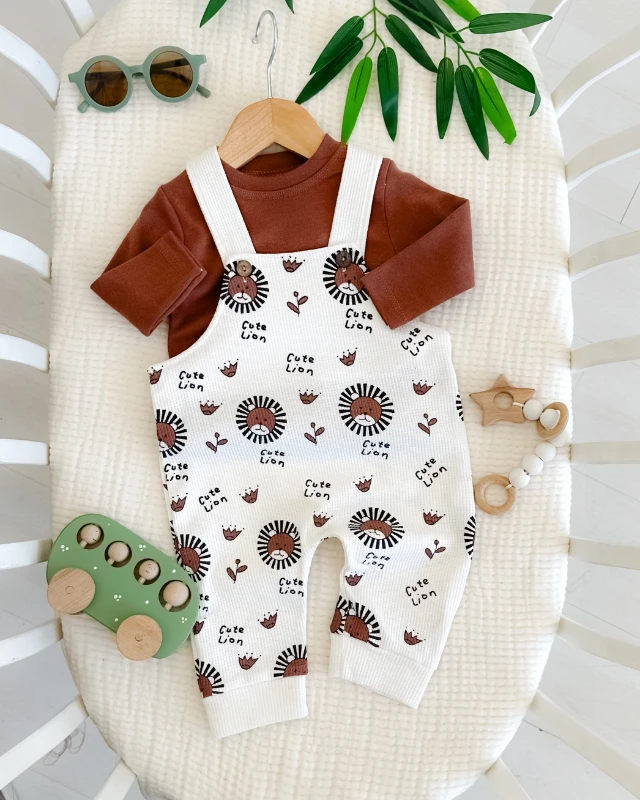 Cute lion waffle kumaş mevsimlik 2 parça salopet set 