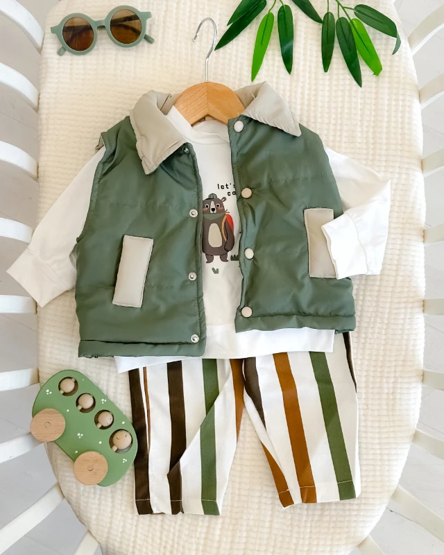 Lets camp çizgi gabardin pantolonlu mevsimlik 3 parça bebe takım 