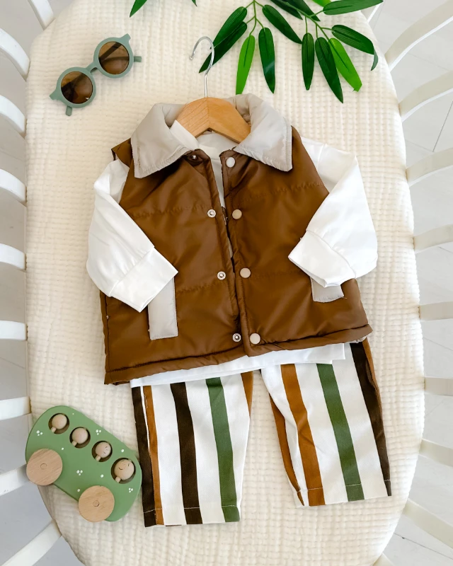 Lets camp çizgi gabardin pantolonlu mevsimlik 3 parça bebe takım 