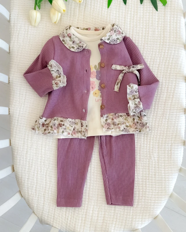 Renkli güller detaylı düğme hırkalı mevsimlik kız bebe takım 