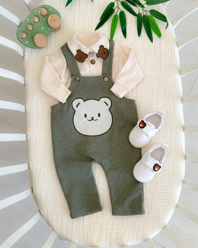 Yakada deri ayıcık detaylar mevsimlik 2 parça salopet set (Ayakkabılar fiyata dahil değildir)