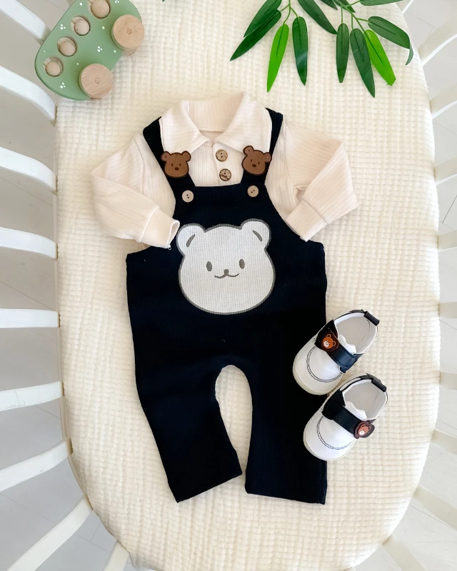 Yakada deri ayıcık detaylar mevsimlik 2 parça salopet set (Ayakkabılar fiyata dahil değildir)