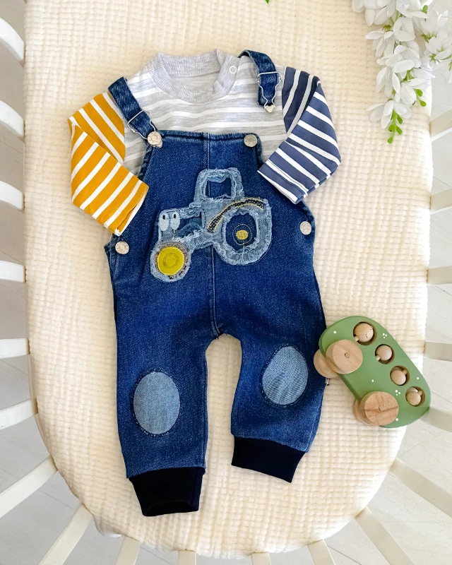 Yama traktör detay salopet renkli kol tshırt mevsimlik 2 parça set 