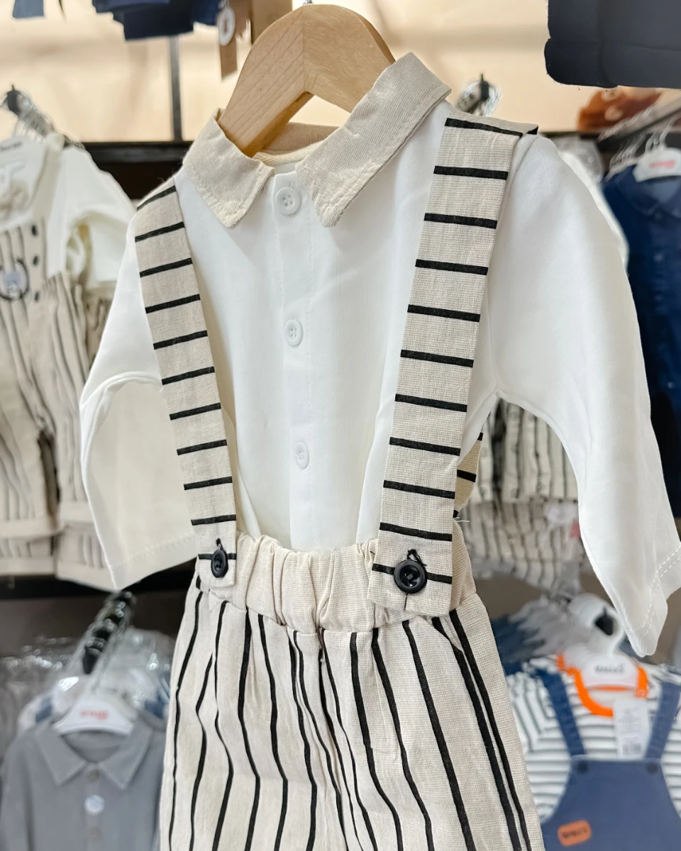 Dikey çizgili salopetli önden düğmeli  gömlekli bayramlık erkek bebe takım