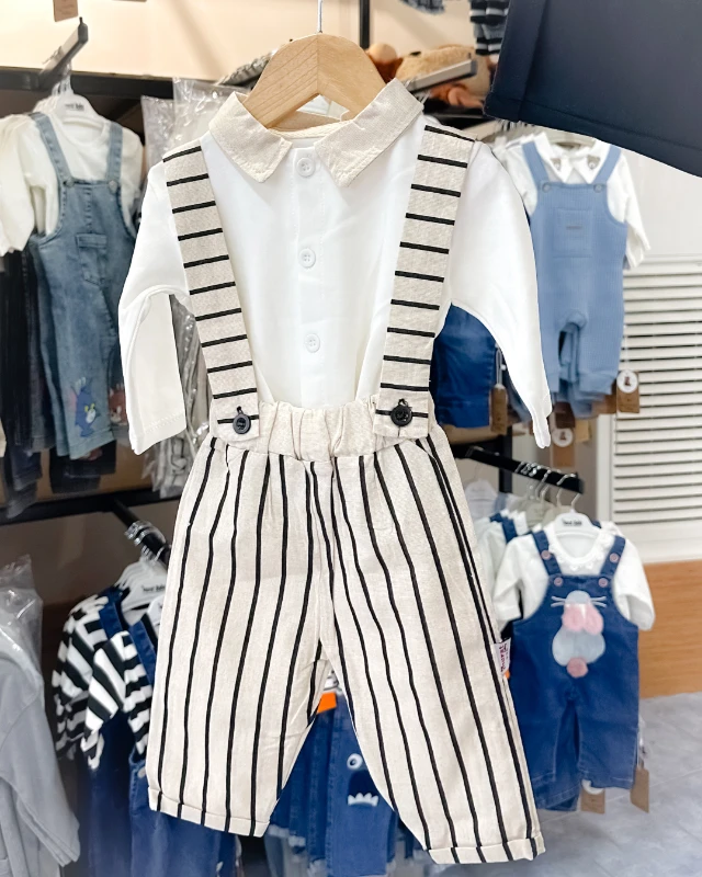 Dikey çizgili salopetli önden düğmeli  gömlekli bayramlık erkek bebe takım