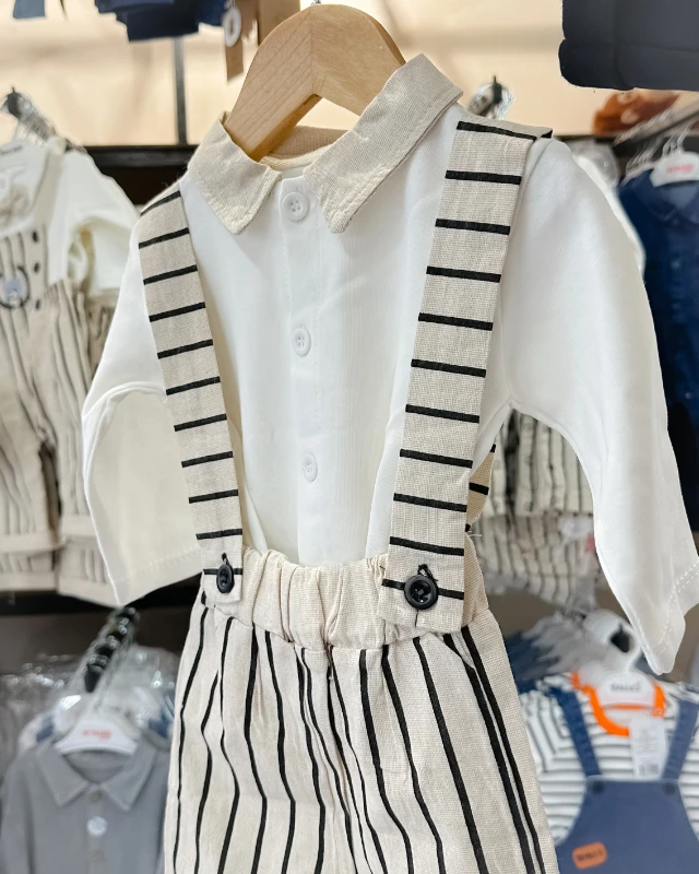 Dikey çizgili salopetli önden düğmeli  gömlekli bayramlık erkek bebe takım