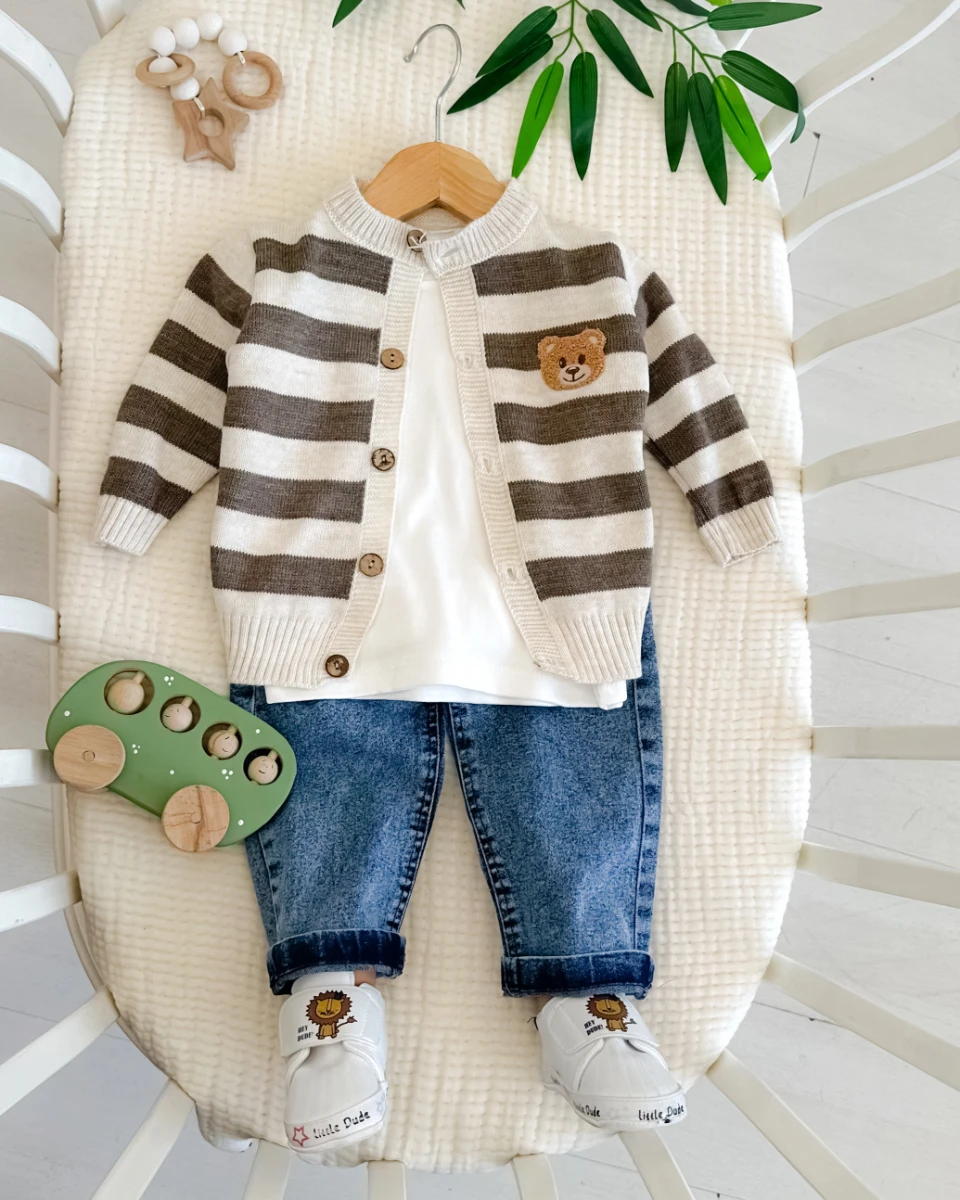 Bear nakış  ince triko hırkalı premium bayramlık 3lü erkek bebe takım