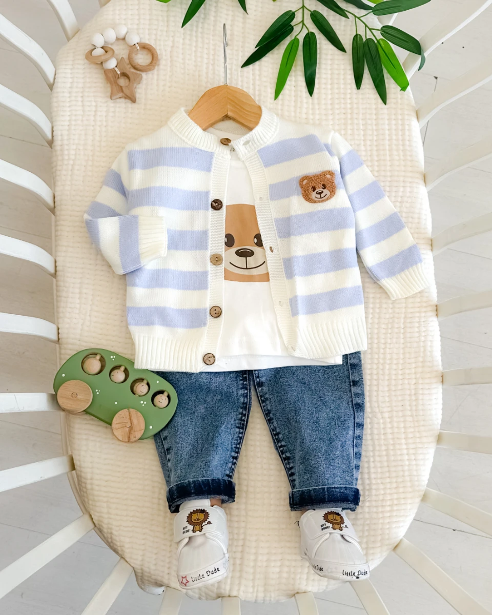 Bear nakış  ince triko hırkalı premium bayramlık 3lü erkek bebe takım