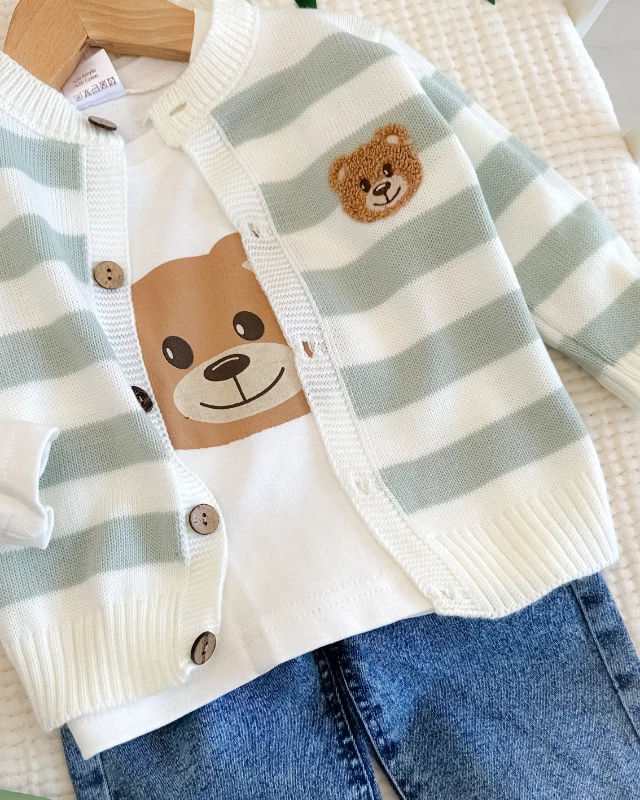 Bear nakış  ince triko hırkalı premium bayramlık 3lü erkek bebe takım