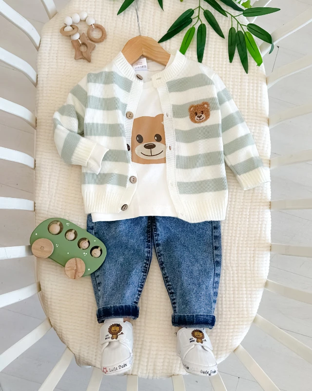 Bear nakış  ince triko hırkalı premium bayramlık 3lü erkek bebe takım