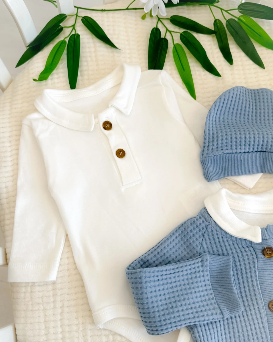 Boydan ahşap düğme detay gofret kumaş mevsimlik çıtçıt badi tulum set 