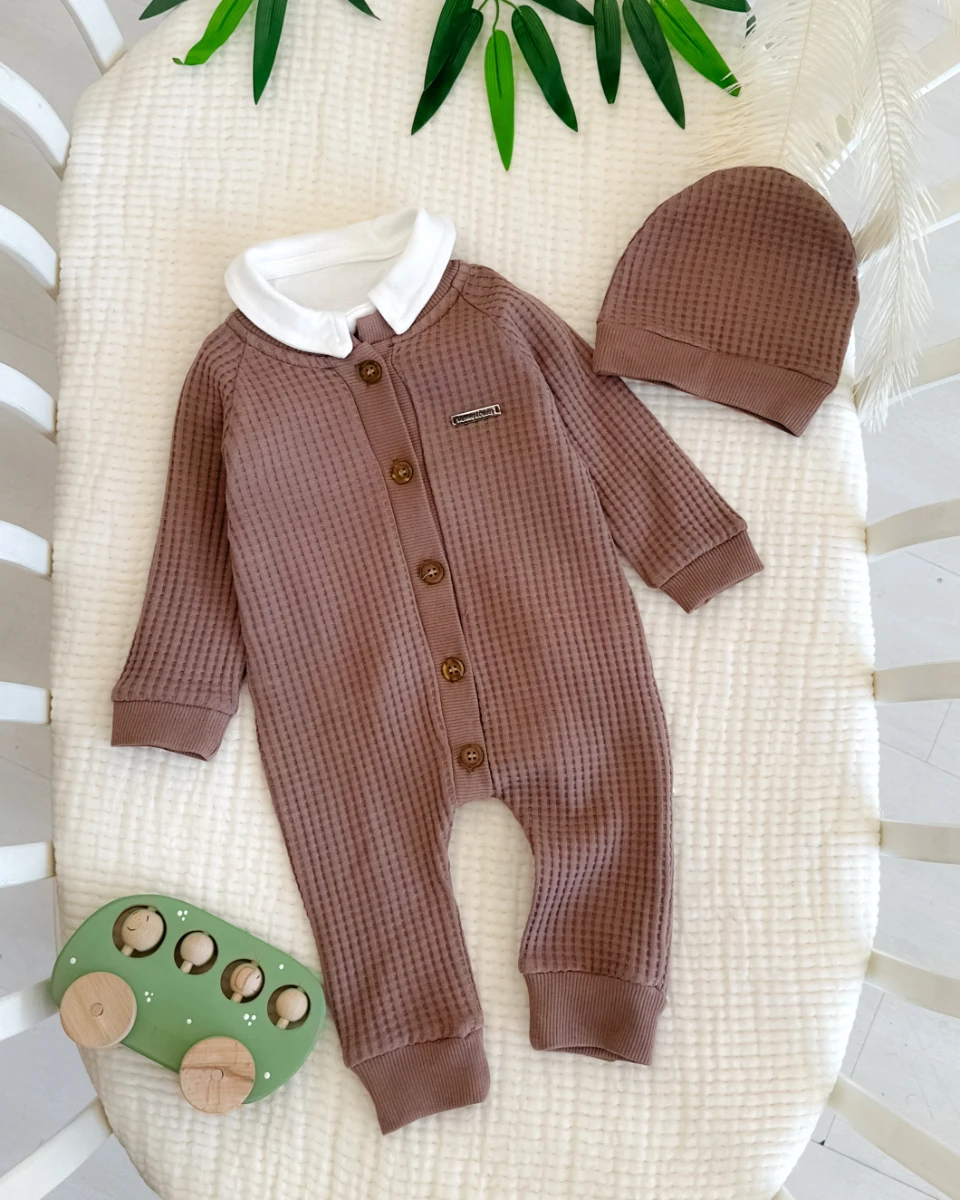 Boydan ahşap düğme detay gofret kumaş mevsimlik çıtçıt badi tulum set 