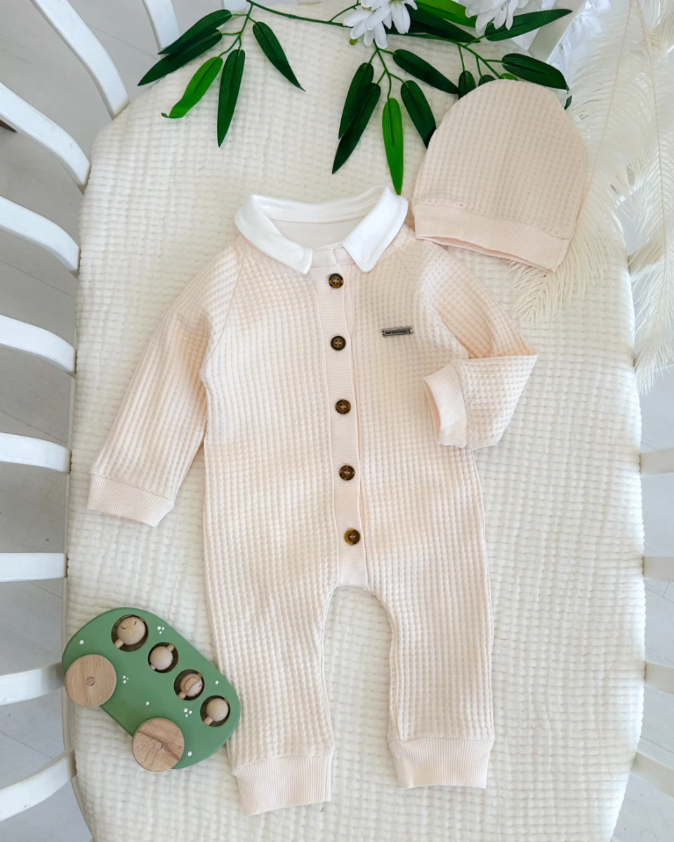 Boydan ahşap düğme detay gofret kumaş mevsimlik çıtçıt badi tulum set 