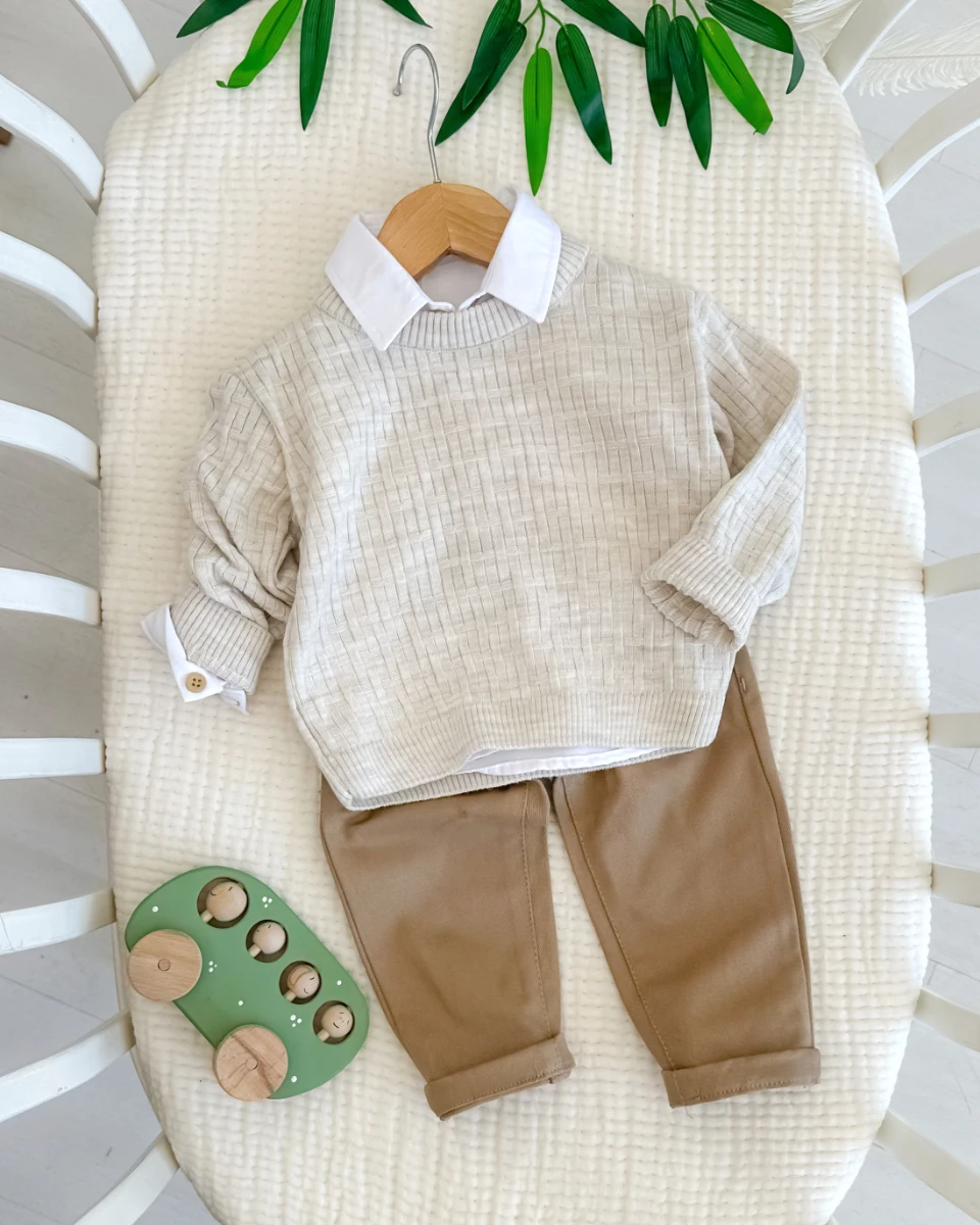 Desenli triko kazaklı gömlek pantolon 3 parça bayramlık takım 