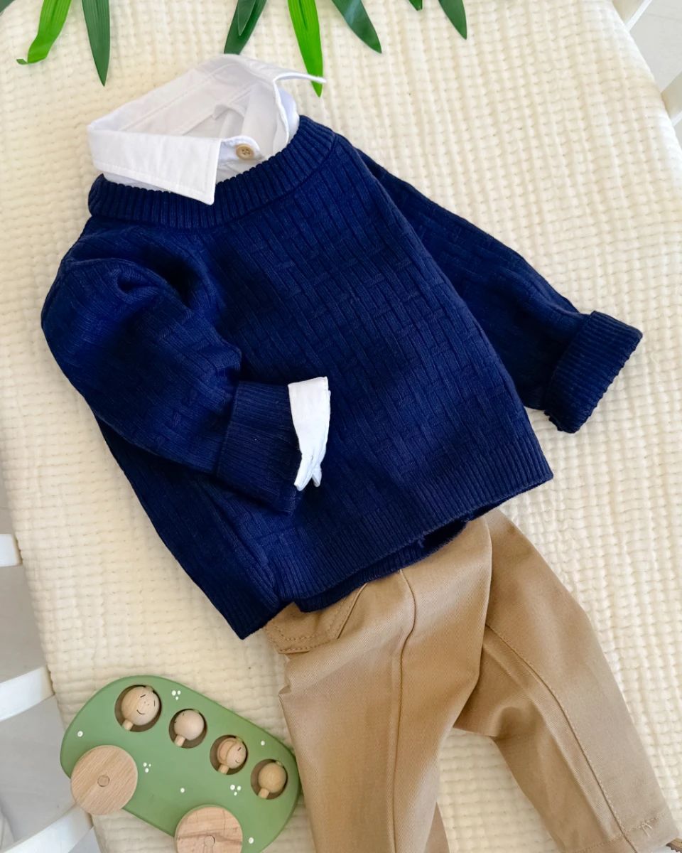 Desenli triko kazaklı gömlek pantolon 3 parça bayramlık takım 