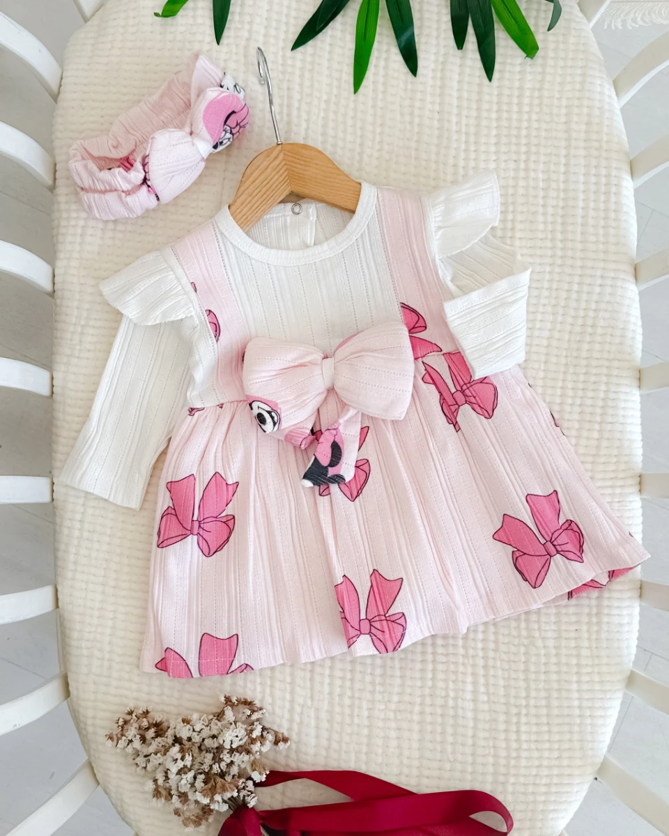 Fiyonk kurdela detay bandanalı mevsimlik bebe elbise 