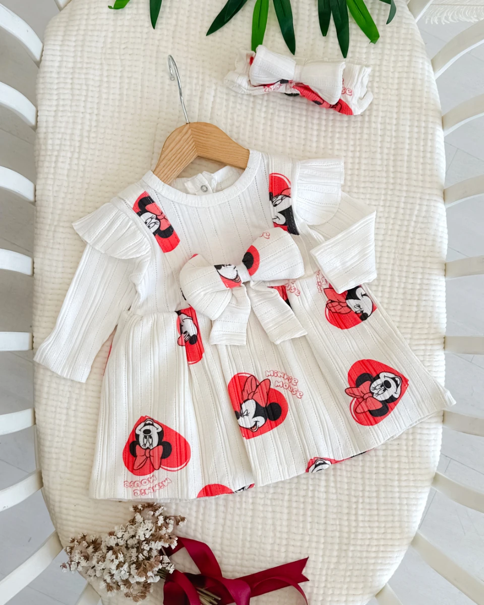 Süslü farecik desenli bandanalı mevsimlik elbise 