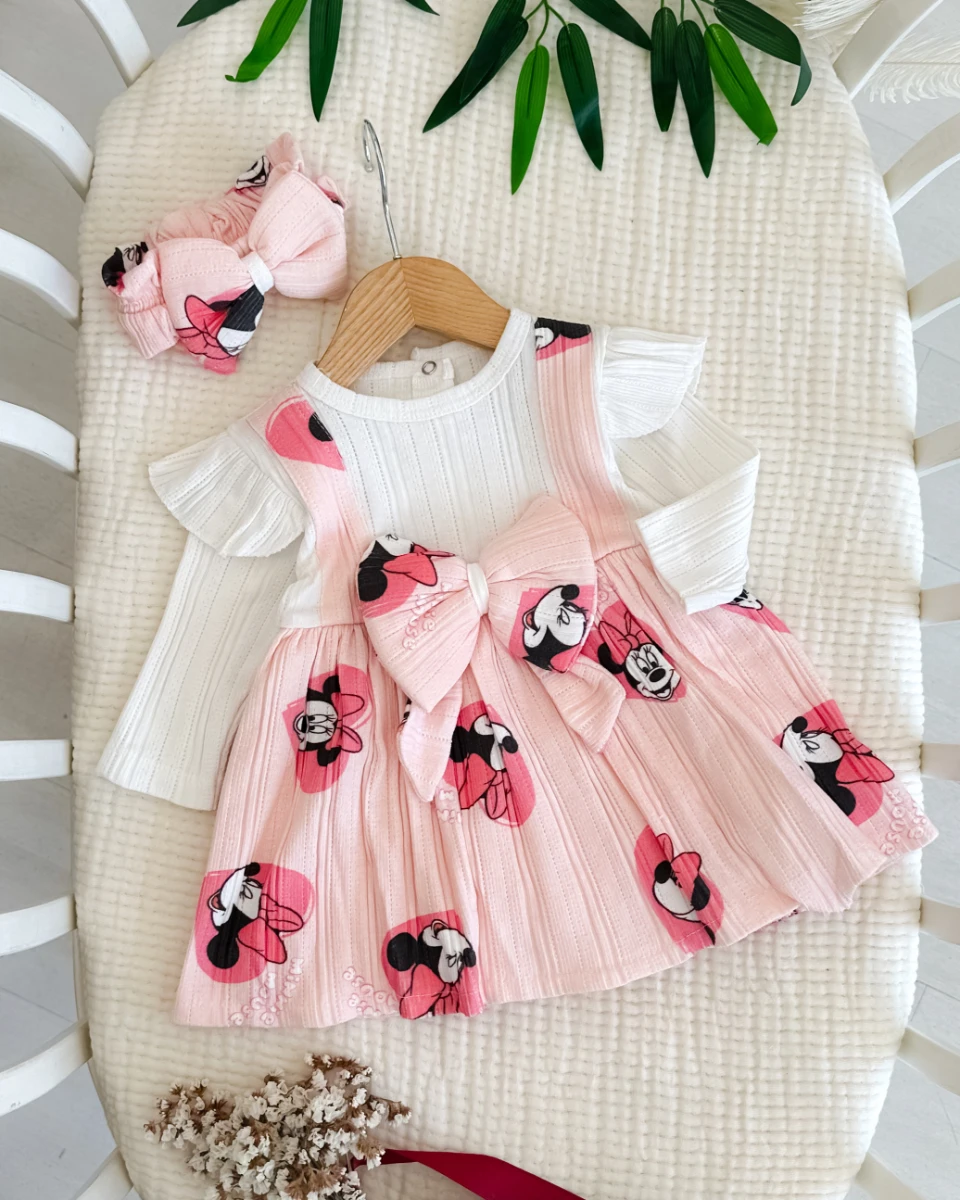 Süslü farecik desenli bandanalı mevsimlik elbise 