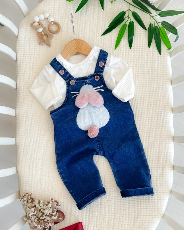 3D tavşan figür kot salopet tshırt mevsimlik 2li set 