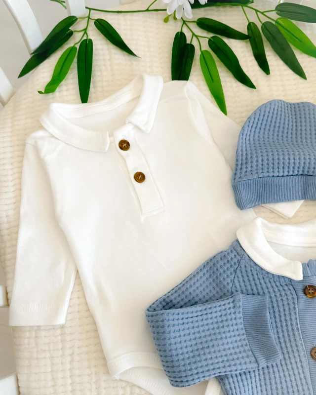 Boydan ahşap düğme detay gofret kumaş mevsimlik çıtçıt badi tulum set 