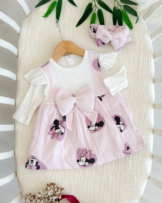 Süslü farecik desenli bandanalı mevsimlik elbise 