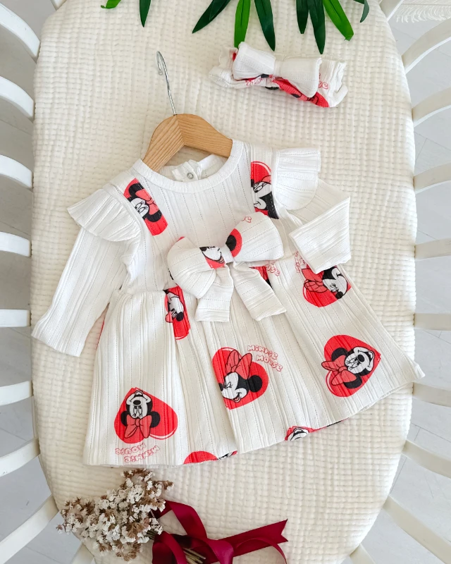 Süslü farecik desenli bandanalı mevsimlik elbise 