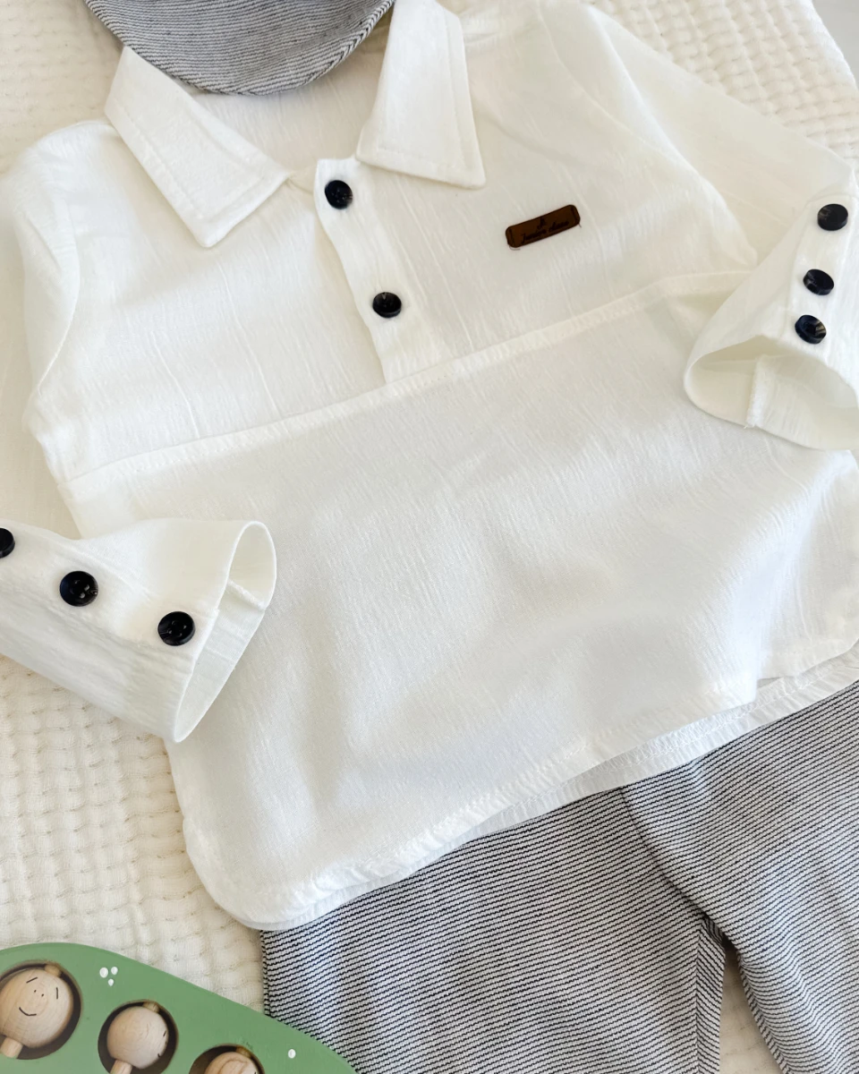 Class muslin gömlek keten pantolon kasket şapka mevsimlik 3 parça takım 