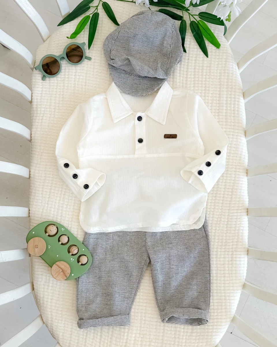 Class muslin gömlek keten pantolon kasket şapka mevsimlik 3 parça takım 