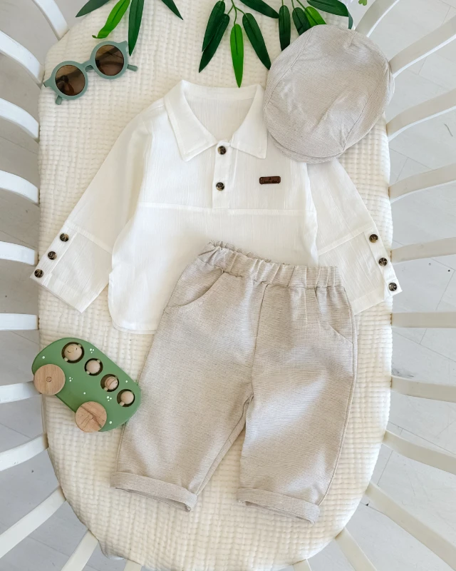 Class muslin gömlek keten pantolon kasket şapka mevsimlik 3 parça takım 