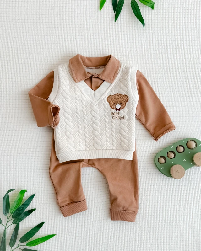Ayıcık detay sahte süveter görünümlü mevsimlik 2 parça bebe takım 