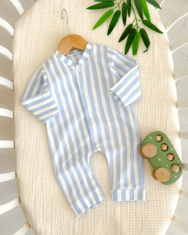 Dikey çizgili boydan çıtçıt mevsimlik pijama tulum 
