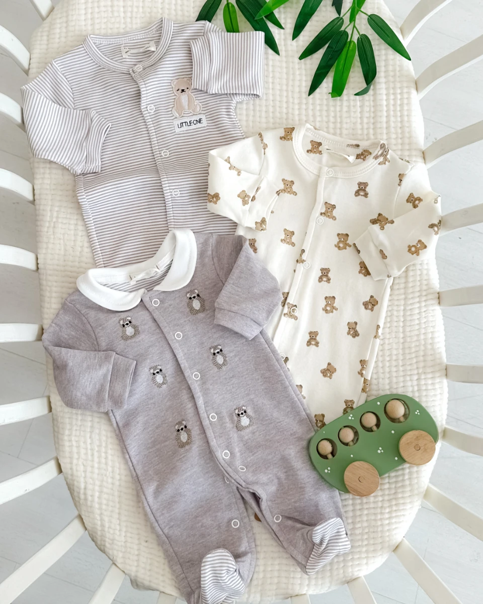 Little one boydan çıtçıtlı ayaklı mevsimlik 3 parça bebe tulum set 
