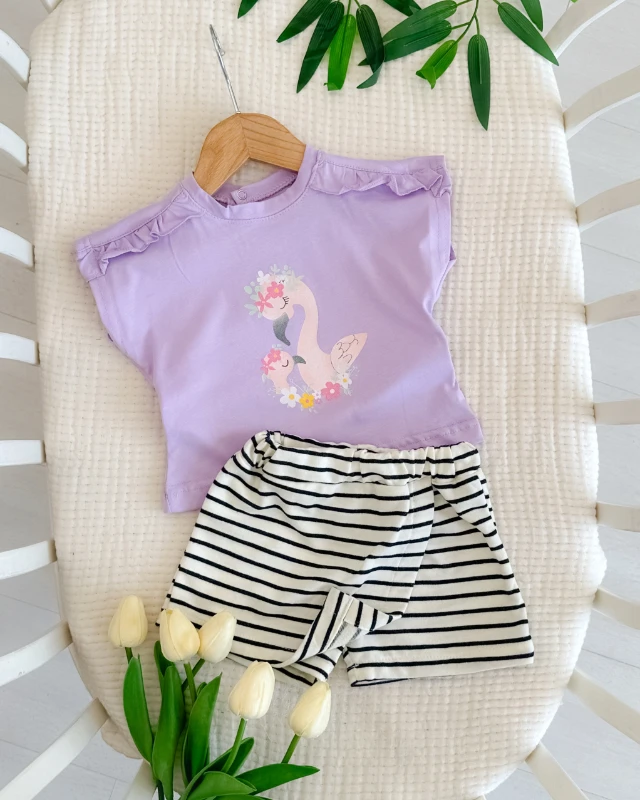 Süslü flamingo baskılı çizgili şort etekli yazlık 2 parça kız bebe takım 