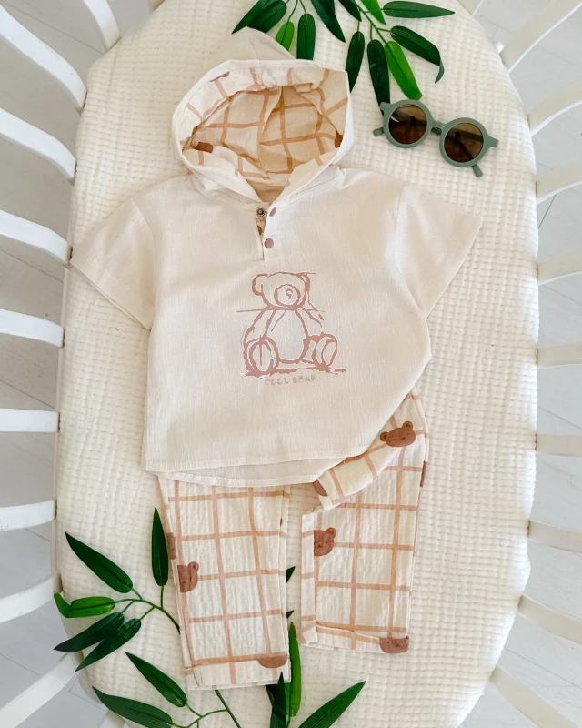 Cool bear kare desen kapüşon tshırrt pantolon muslin yazlık erkek bebe takım 