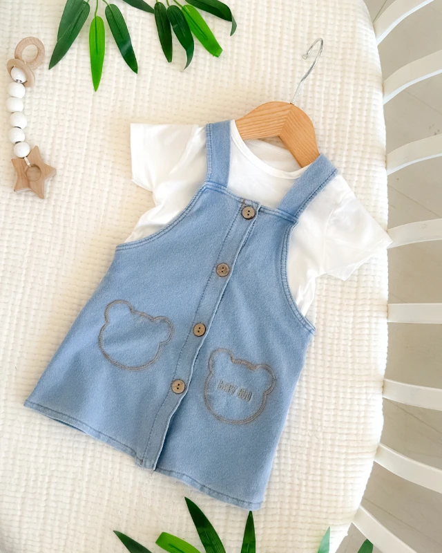 Ayıcık nakış ahşap düğme detay örme kot kumaş yazlık 2 parça kız bebe jile set 