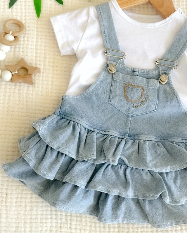 Kat kat etek detay örme kot kumaş yazlık 2 parça kız bebe salopet elbise set 